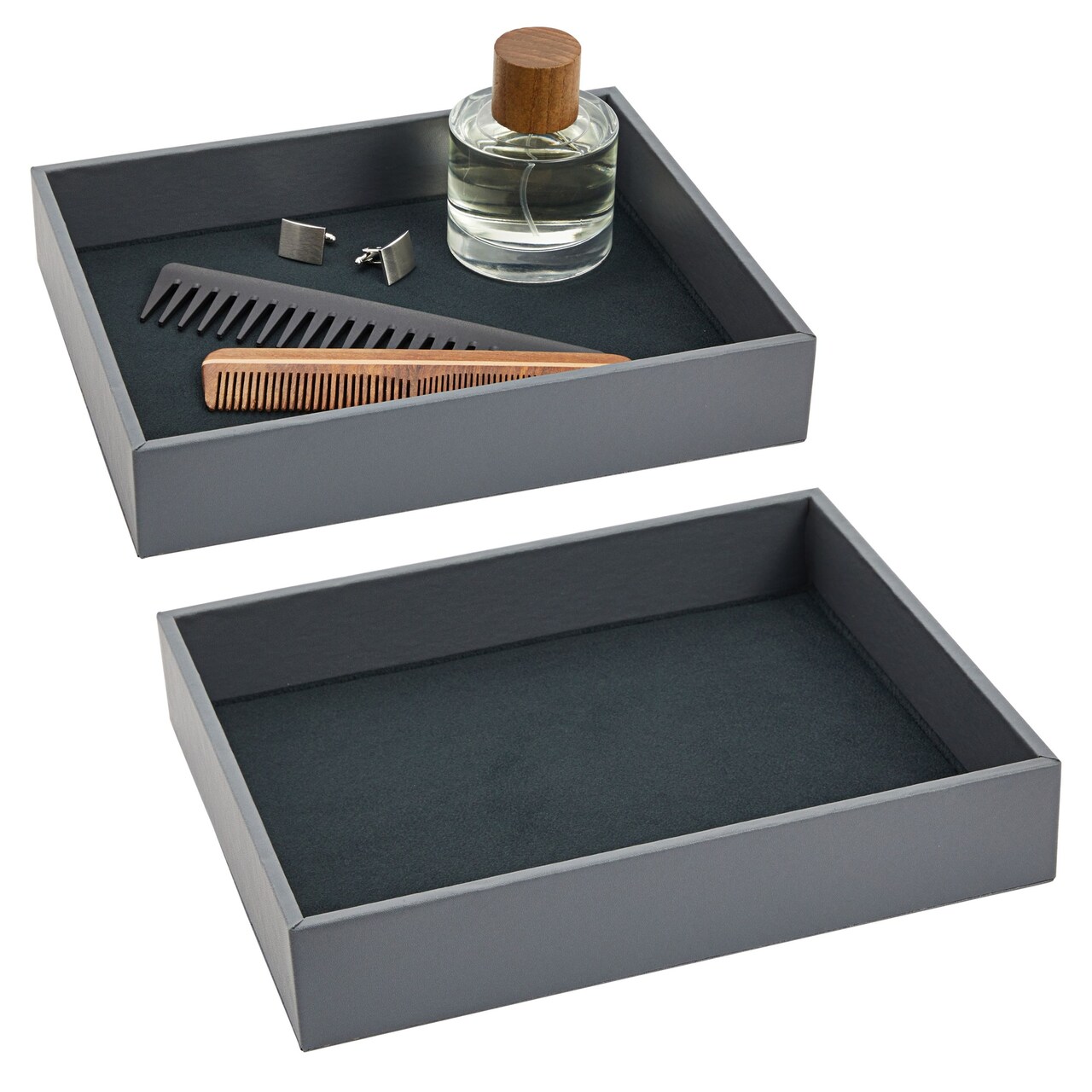 2 Pack Faux Leather Valet Tray for Men, Velvet Catchall Organizer for Entryway, Nightstand, Keys, Wallet (Gray, 10 x 8 x 2 In)